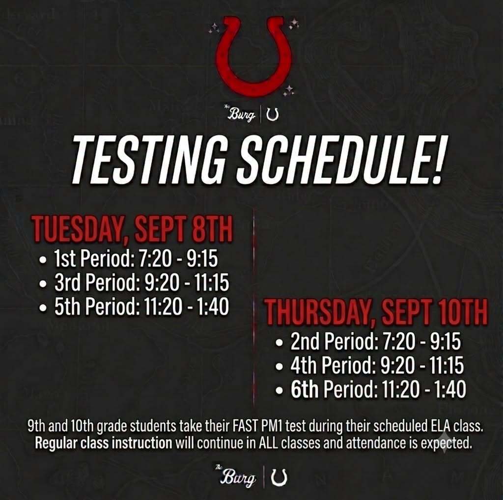 A black background displays a testing schedule for Tuesday, Sept 8th, and Thursday, Sept 10th. It lists 6 periods.