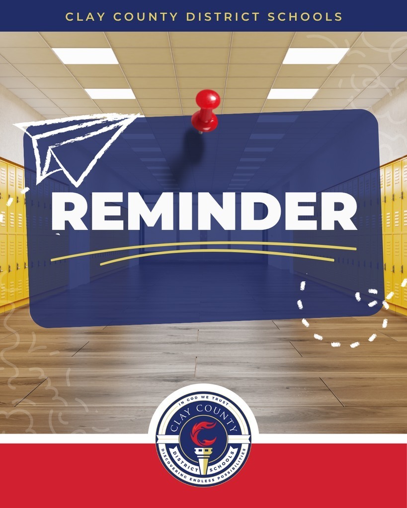 Blue banner with "Reminder" and a paper airplane pinned to it. Background shows empty school hallways with yellow lockers.