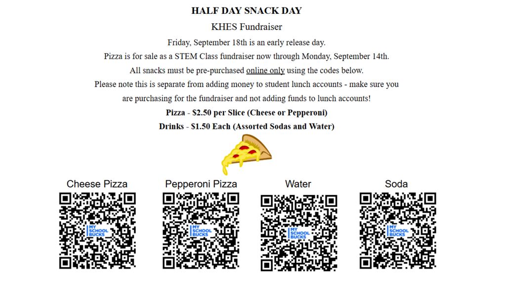 A flyer for a fundraiser with four options, including cheese pizza, pepperoni pizza, water, and soda.