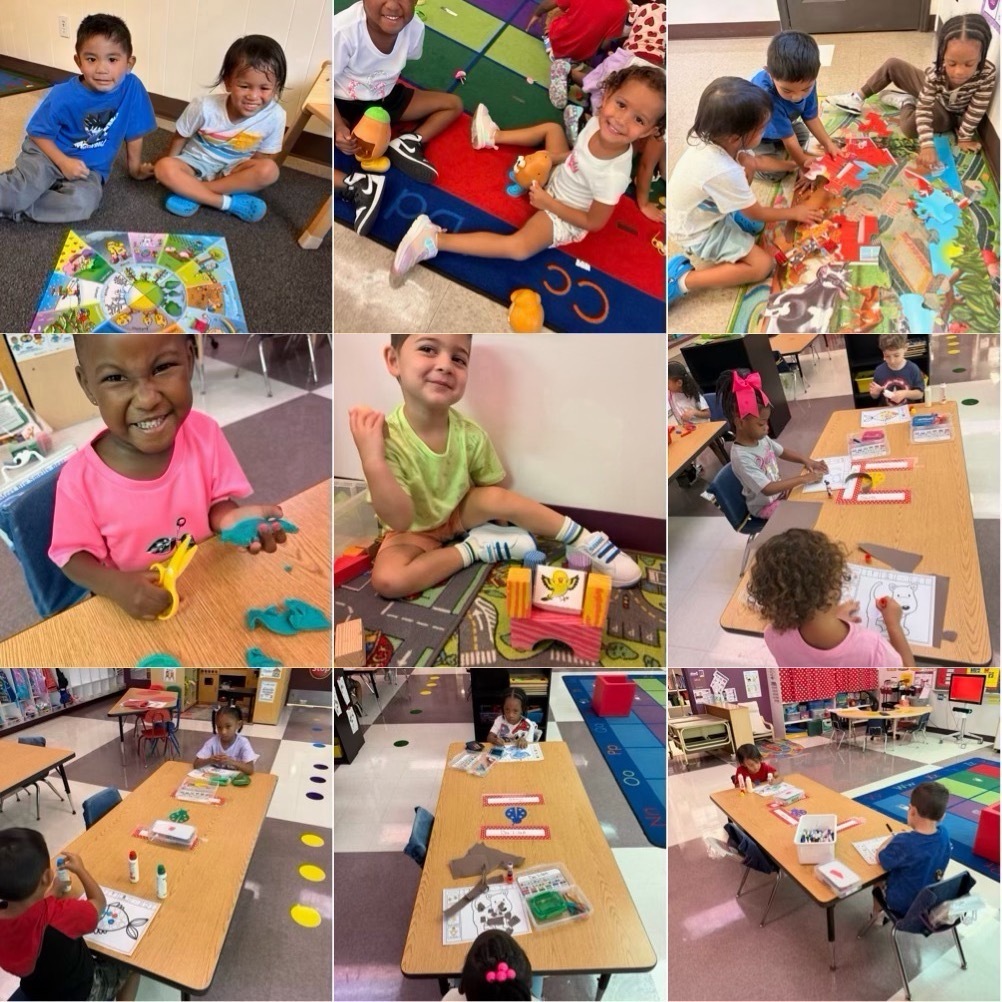 Collage of kids in a classroom setting, engaged in activities such as reading, coloring, and playing with toys.
