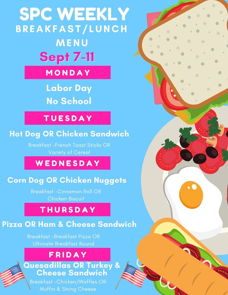 A weekly breakfast/lunch menu for September 7-11 with various food options such as hot dogs, sandwiches, and nuggets.