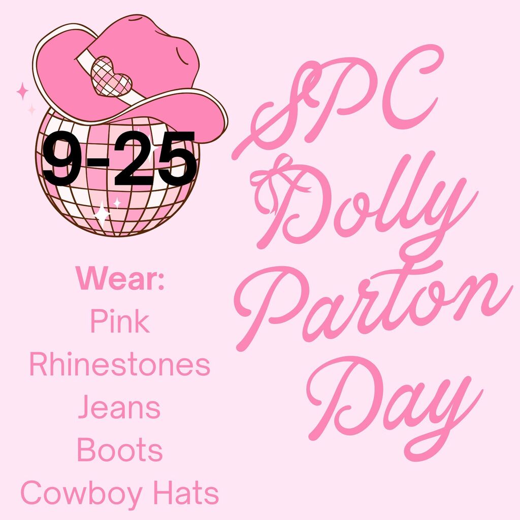 Pink background features a disco ball, pink cowboy hat, and text: "9-25" and "Wear: Pink Rhinestones Jeans Boots Cowboy Hats."