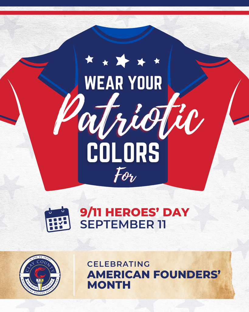 An advertisement poster encourages wearing patriotic colors. The design features a red, white, and blue t-shirt.