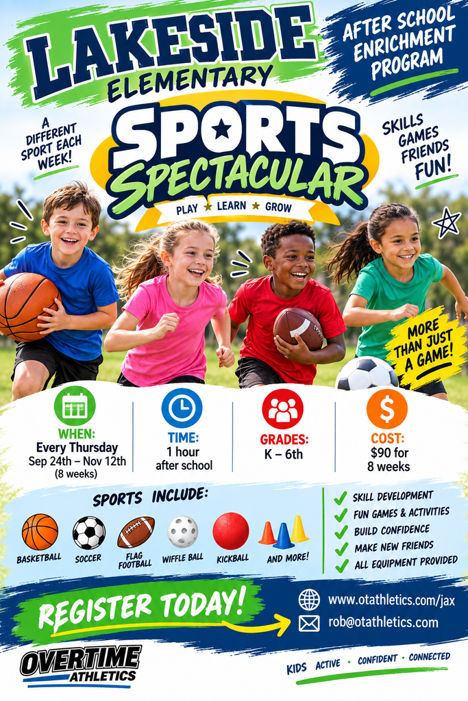 Poster advertising Lakeside Elementary's Sports Spectacular. Features children playing with sports balls, event details, and price.