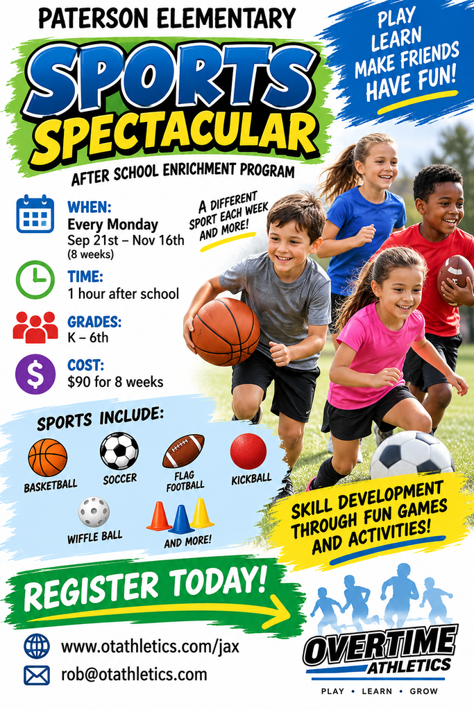 Get ready to play! ⚽🏀🏈 Overtime Athletics is bringing the ultimate Sports Spectacular after-school program to Paterson this fall.  Your kids will get to sample a variety of fun, high-energy sports, burn off that post-school energy, and hang out with friends in a safe, active environment.  Program Details:  Dates: September 21st – November 6th  Location: Paterson  Sign Up: Check out the flyer or head straight to www.otaathletics.com/jax to register today!  Spots fill up fast, so snag your child's spot now and make after-school time the best part of their day! 🙌 Let us know in the comments what sport your kiddo is most excited to play!