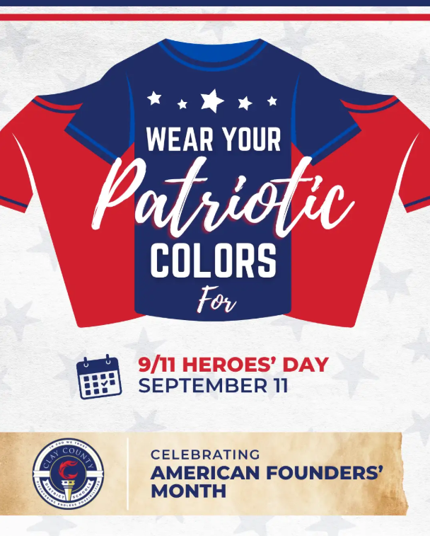 An advertisement with red, white, and blue colors. The top reads "Wear Your Patriotic Colors For 9/11 Heroes' Day, September 11."