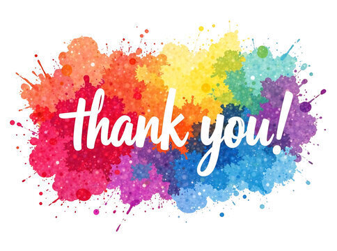"Thank you!" written in white on a colorful background with splashes of red, yellow, blue, and more.