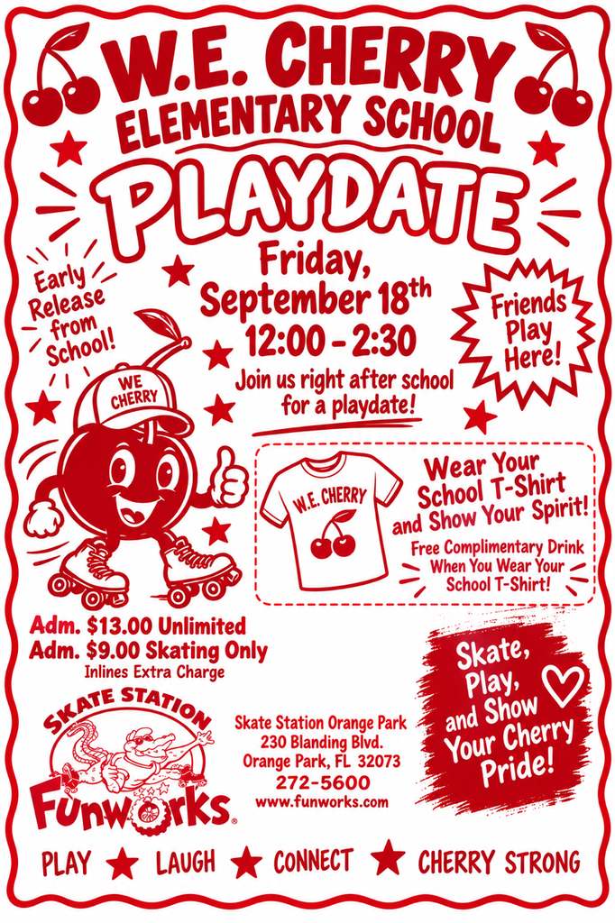A flyer invites children to a playdate at W.E. Cherry Elementary School on Friday, September 18th, from 12:00 to 2:30 PM. Admission is $13.00 for unlimited skating and $9.90 for inline skating only.
