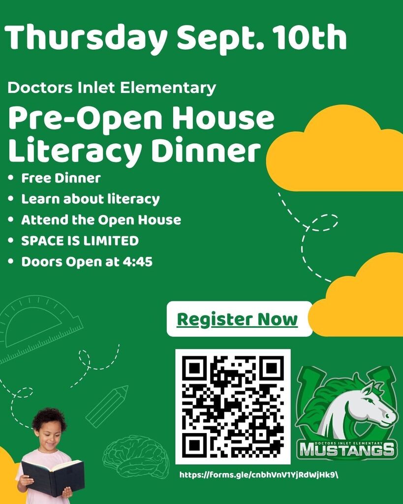 Event flyer with green background. Text reads "Thursday Sept. 10th Doctors Inlet Elementary Pre-Open House Literacy Dinner". Features a child reading, QR code, and school mascot.