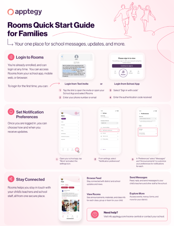 Guide with heading "Rooms Quick Start Guide for Families." Sections include "Login to Rooms," "Set Notification Preferences," and "Stay Connected."