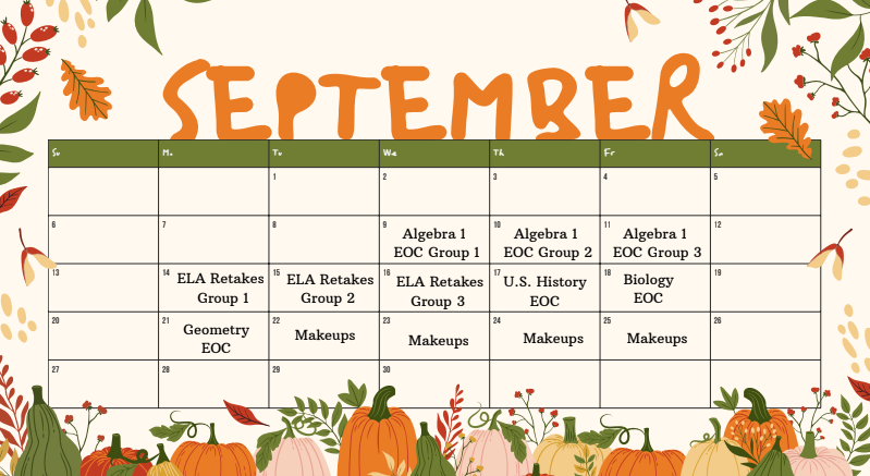 A calendar displaying the month of September. Background features pumpkins, leaves, and greenery. Calendar details include subjects and groups.