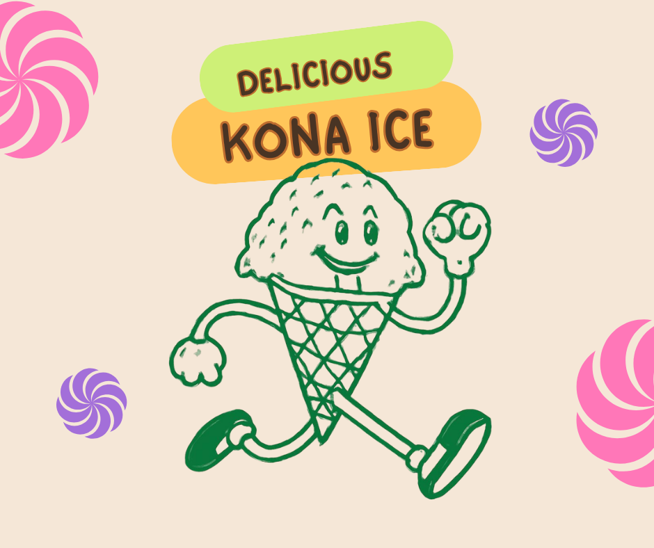 Smiling cartoon character dressed as an ice cream cone with Kona Ice text. Swirl-patterned lollipops and a light background.