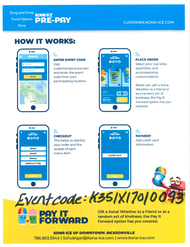 An infographic on a blue background outlines steps for event pre-payment, showing phone screens with prompts, maps, and codes.