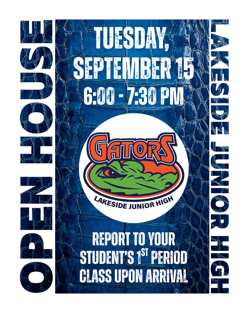 Blue poster with "Open House" text on left and right. Center logo features a gator, with "Gators" text. Event is Tuesday, September 15, from 6:00 to 7:30 PM.