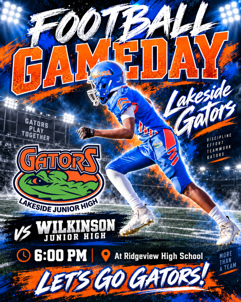 A football player in blue uniform and helmet runs on the field. "FOOTBALL GAMEDAY" and "LAKESIDE GATORS" appear in large text.