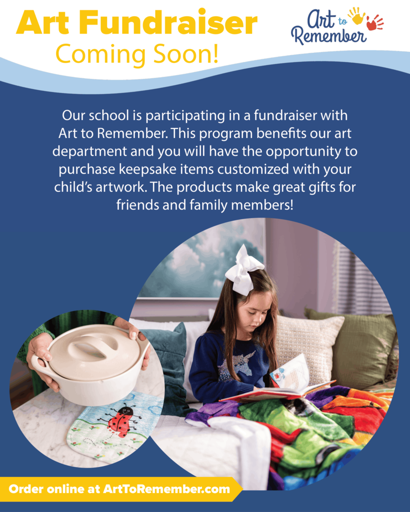 An announcement poster for an Art Fundraiser. It features a girl reading and a plate with a ladybug.