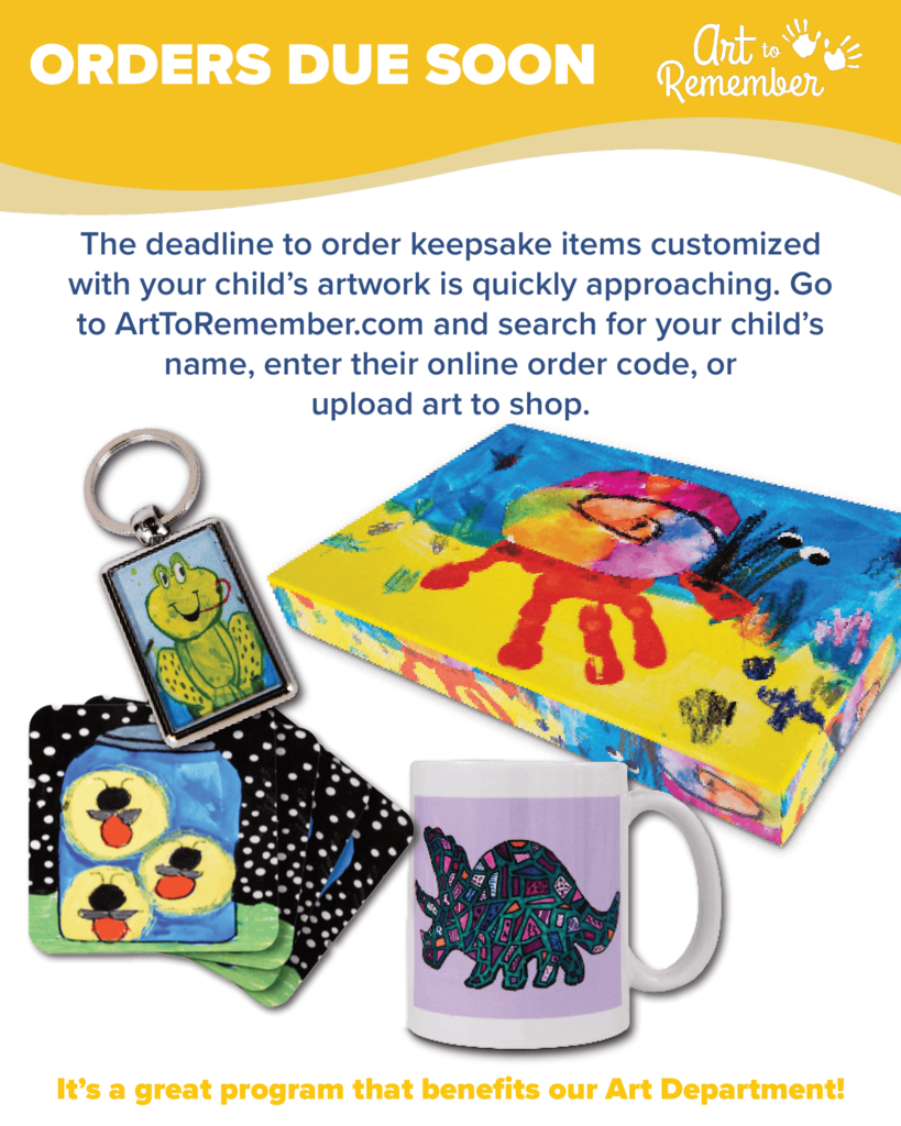 An advertisement for Art to Remember shows various customizable items like a mug, keychain, and box.
