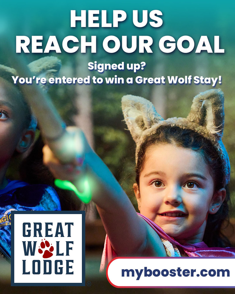 Two children wear animal ear headbands and hold a flashlight. One holds a sign that reads "Help us reach our goal".