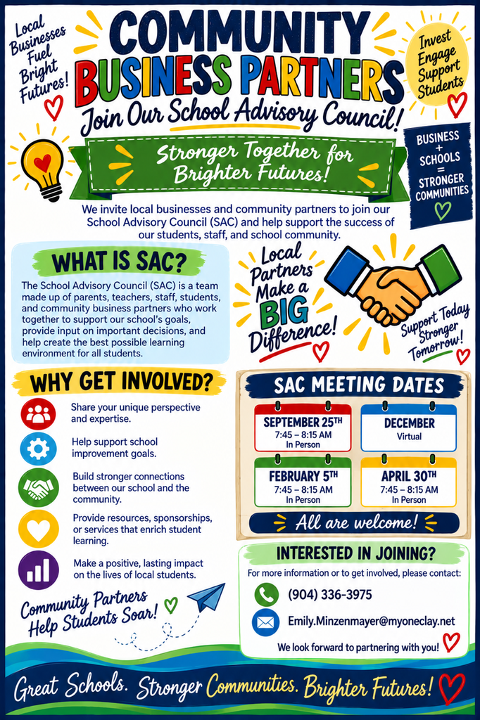 A poster invites local businesses and community partners to join the School Advisory Council, outlining benefits and meeting dates.