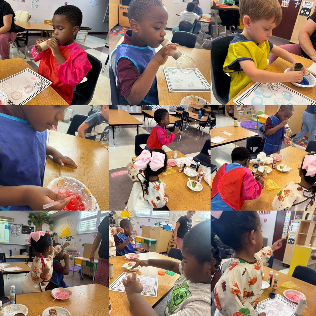 Collage of young children in a classroom setting. Each child is completing an experiment with bubbles.