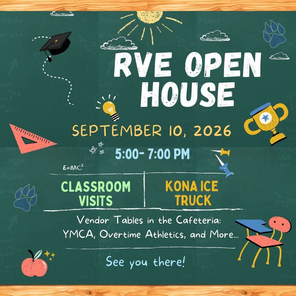 Green chalkboard with event information. Event reads "RVE Open House" with date "September 10, 2026" and time "5:00-7:00 PM."