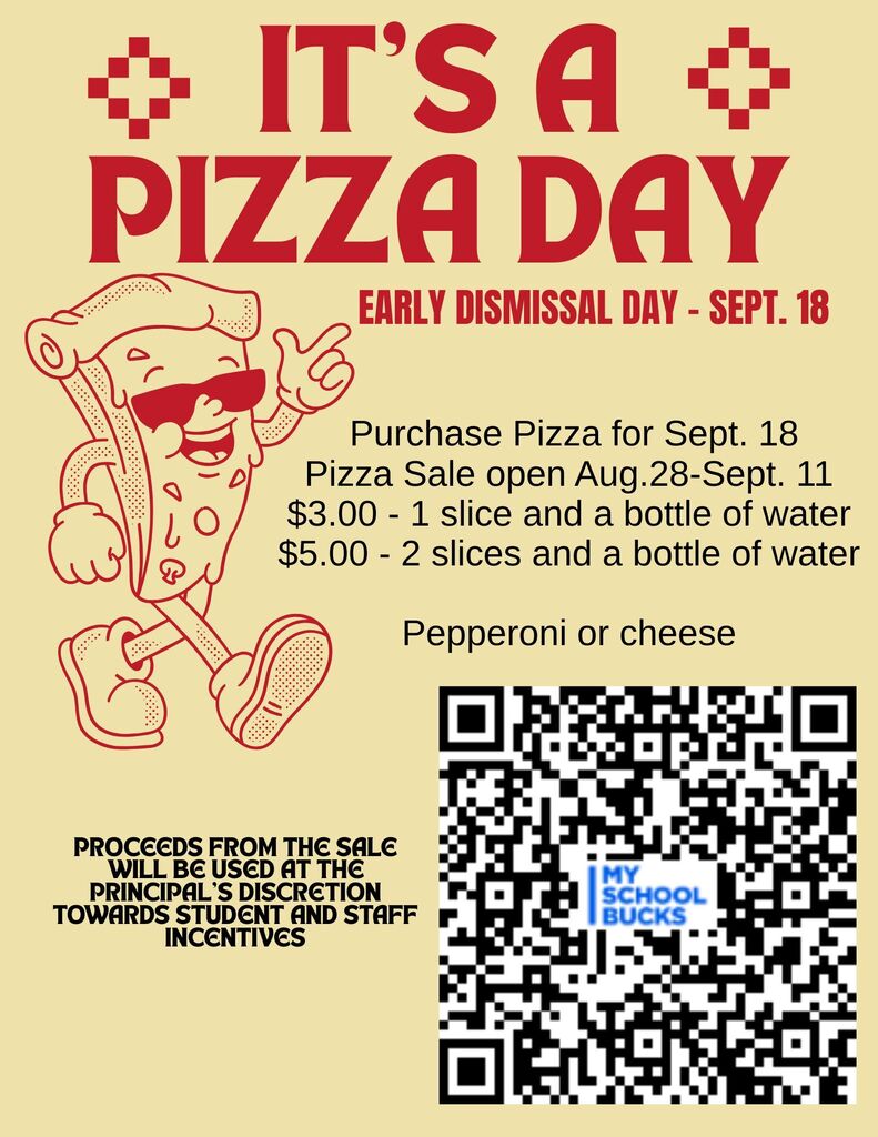 Advertisement poster with a pizza mascot and red and white checkered background. Text includes details about a pizza sale and QR code.