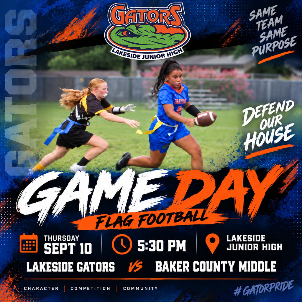 Poster for flag football game on Sept 10, Lakeside Gators vs. Baker County Middle. Two players running on grass.