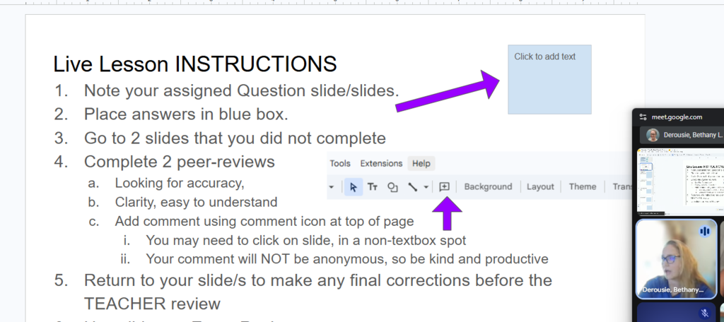 A slide with "Live Lesson INSTRUCTIONS" and bullet points. Arrows point to slides and text boxes.