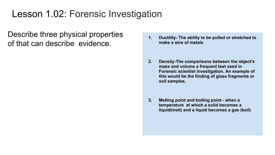 Slide with blue background and text. Title reads "Lesson 1.02: Forensic Investigation". Three properties of evidence are listed.