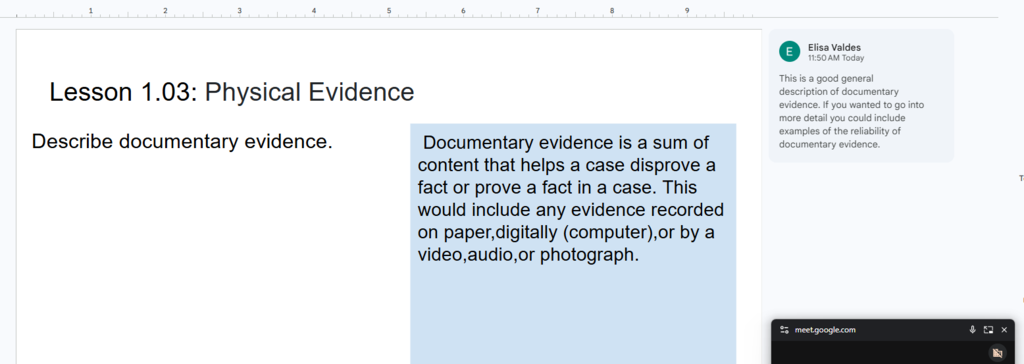 A text-heavy page includes a blue box with the heading "Lesson 1.03: Physical Evidence" and a paragraph describing documentary evidence.
