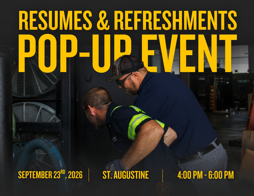 Two men in a mechanical workshop. One man wears a safety vest and gloves. Text: "Resumes & Refreshments Pop-Up Event".
