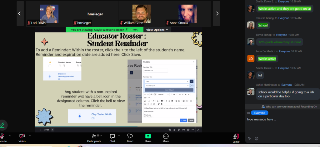 A screen displays a reminder form. Background includes other tabs, names, and icons.