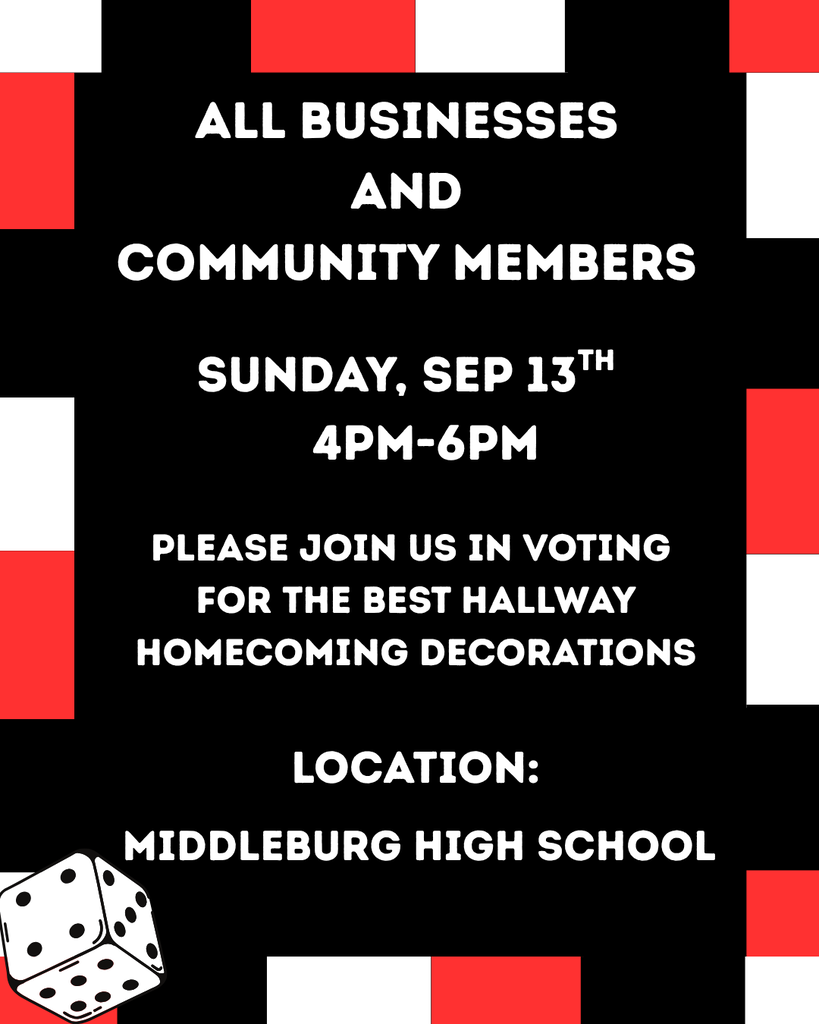 A black and white poster advertises an event at Middleburg High School. It features a voting contest for the best hallway homecoming decorations.