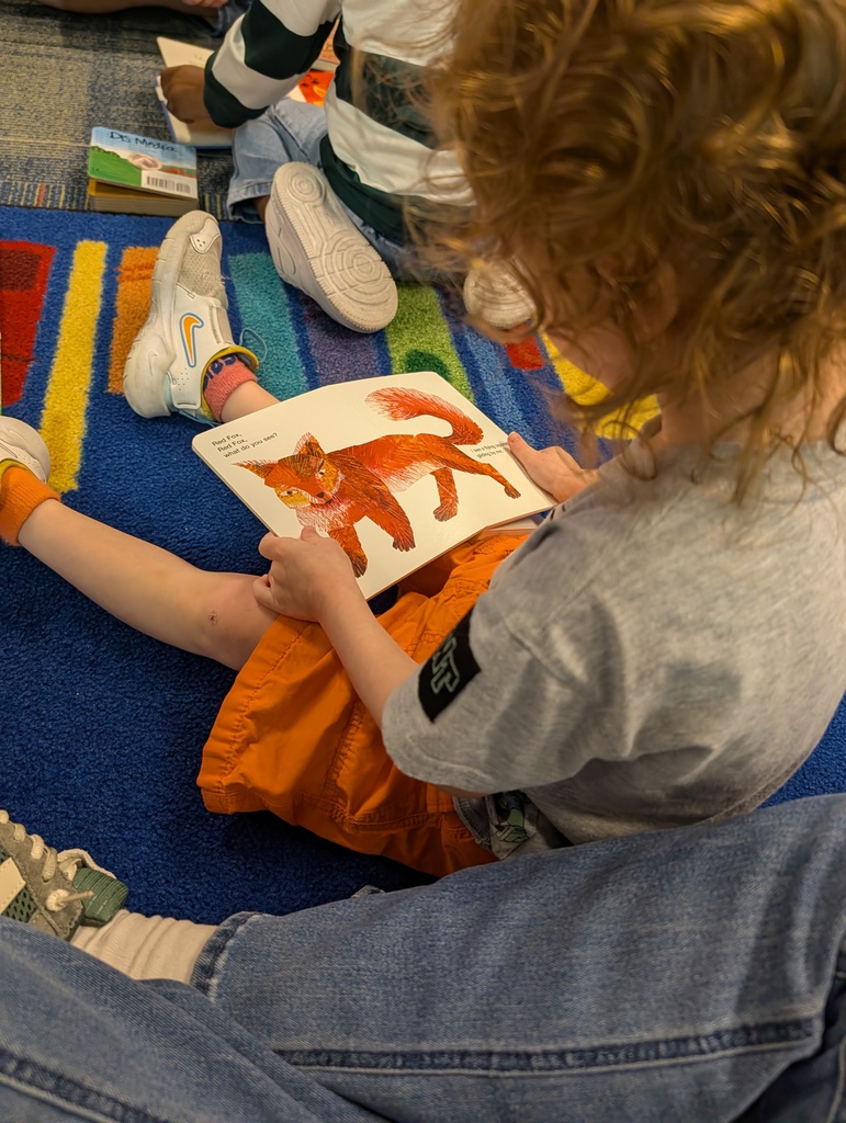 Child in orange shorts sits on a colorful floor, reading a book with a fox illustration.