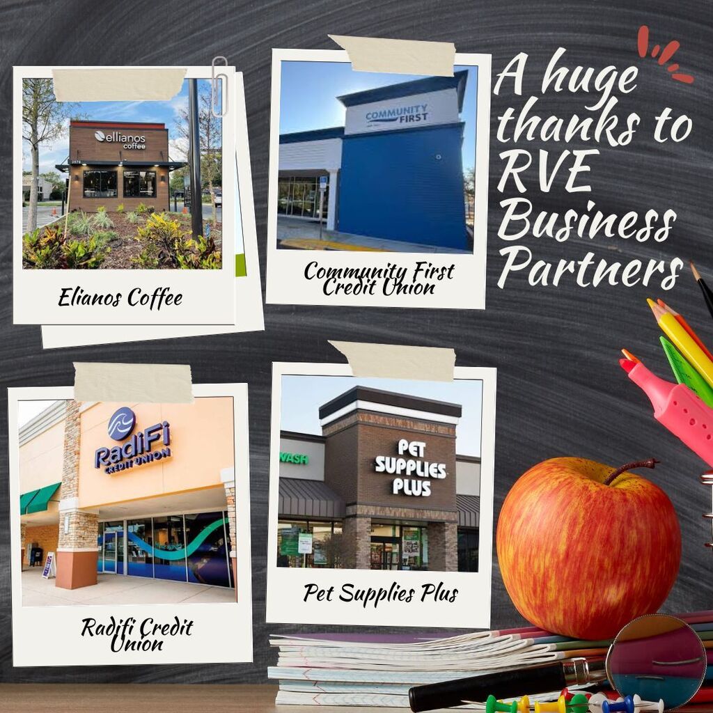 A blackboard shows four stores, Elianos Coffee, Pet Supply Plus, Community First Credit Union, and Radifi Credit Union, and a red apple, each with labels and photos. Words on the board read, "A huge thanks to RVE Business Partners."