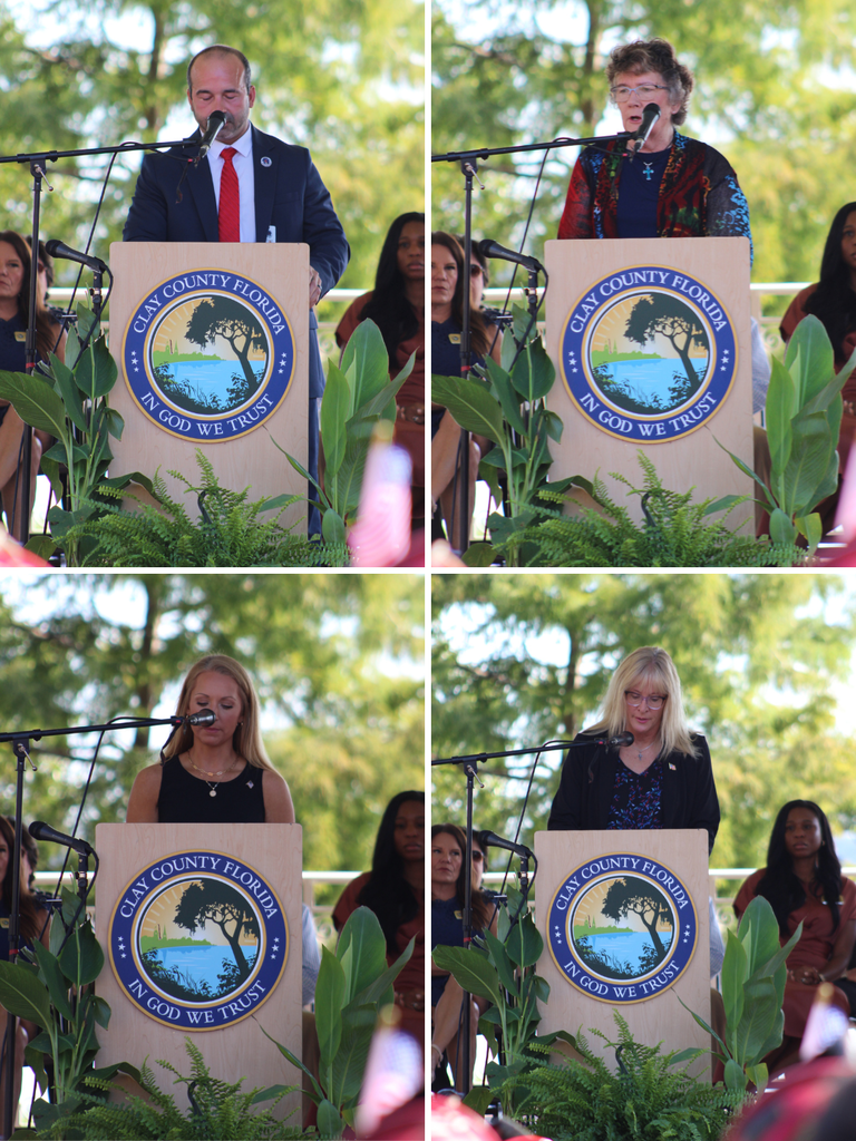 Four images show a podium with a Clay County Florida logo and speakers. A man and two women speak. Background: trees.