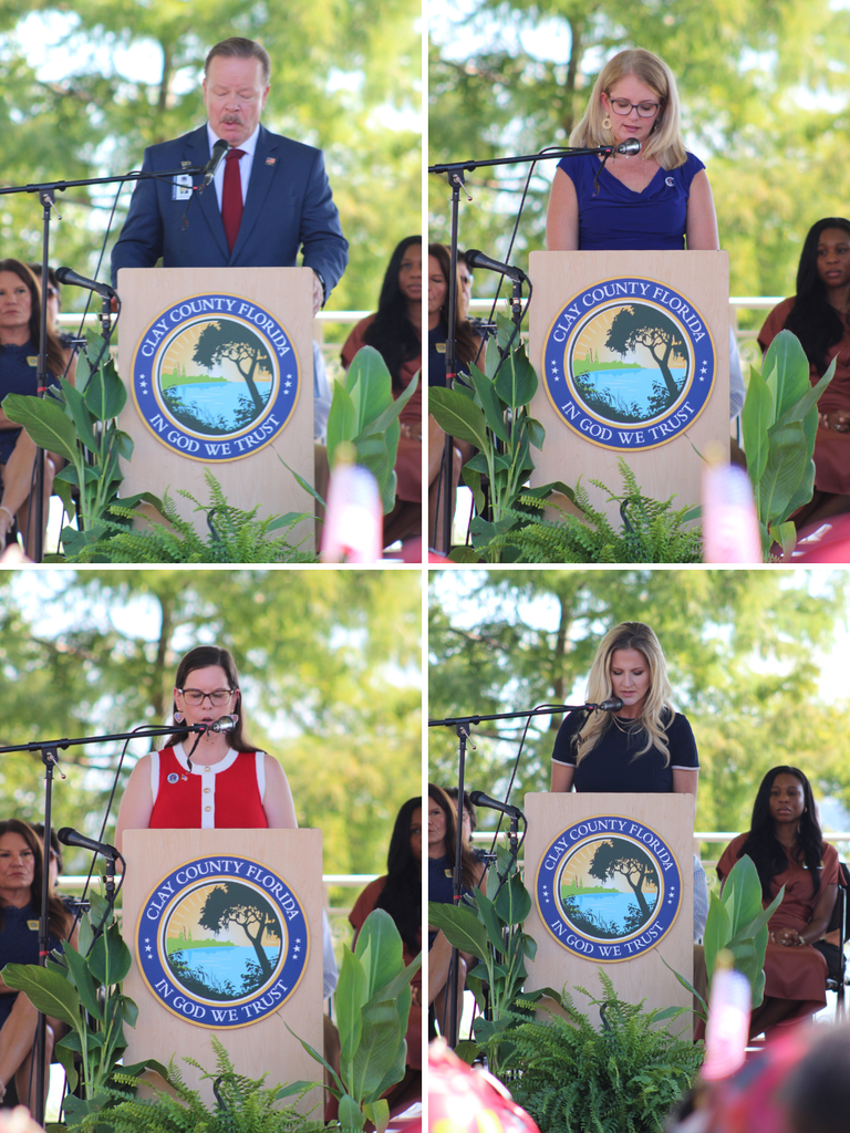 Four photos show people standing behind podiums. One man and three women speak at a microphone. The podiums have logos and text.