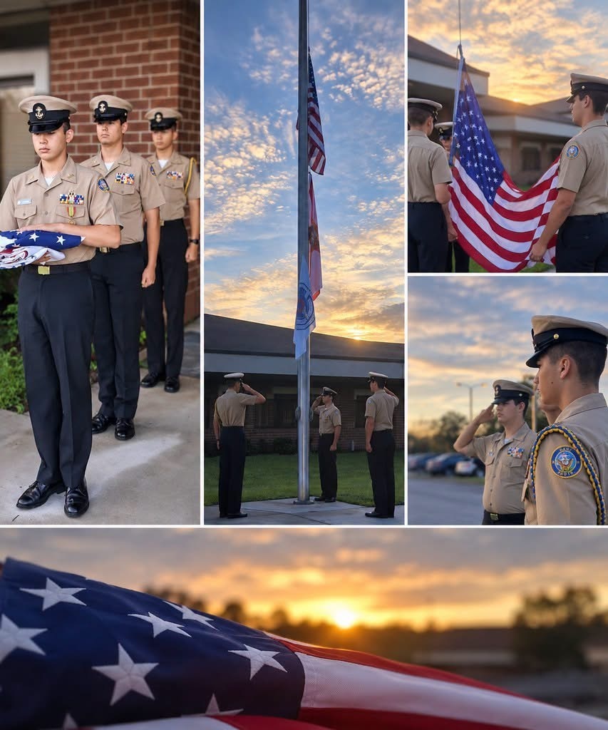 Collage of people in uniform with hats, one saluting. American flags on poles. Sunrise in the background.