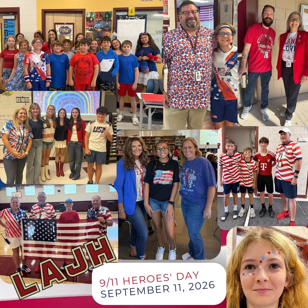 Collage of photos of children, teachers, and parents, with some wearing patriotic outfits. Theme reads "9/11 Heroes' Day September 11, 2026".