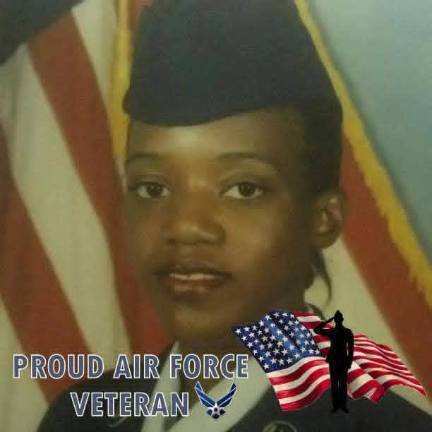 A young person in Air Force uniform, standing by a flag. Text reads "Proud Air Force Veteran".