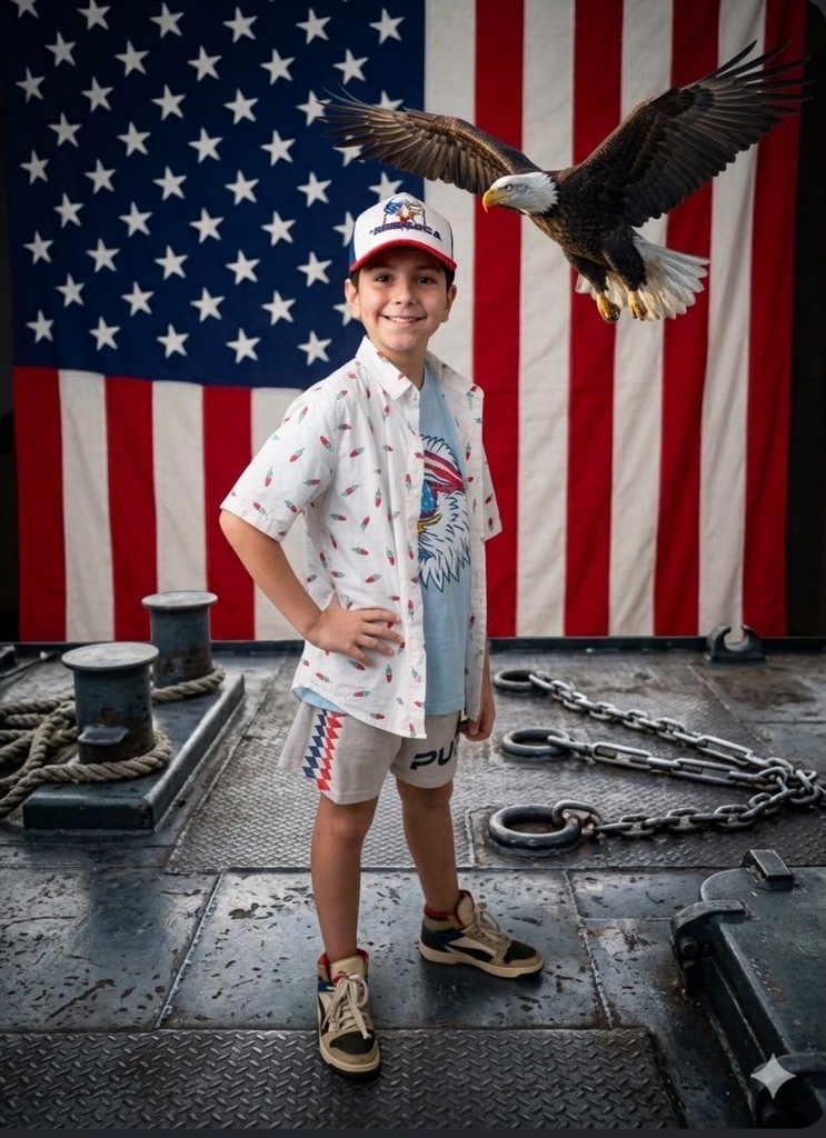 Boy in a white shirt and cap, posing in front of a backdrop with an eagle and American flag.