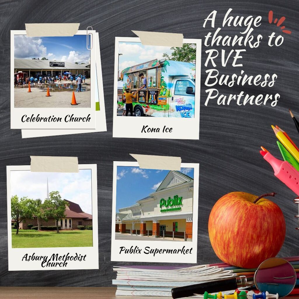 Collage of photos and text on a blackboard. Images include Celebration Church, Kona Ice, Albany Methodist Church, Publix Supermarket.