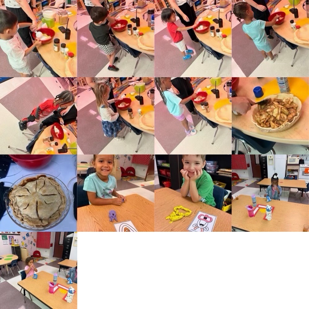 Multiple photos show children in a classroom working at tables. One child holds a pie.