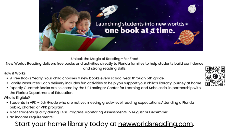 Banner showing two children reading with a rocket, planet, and moon. Text reads: Launching students into new worlds, one book at a time.