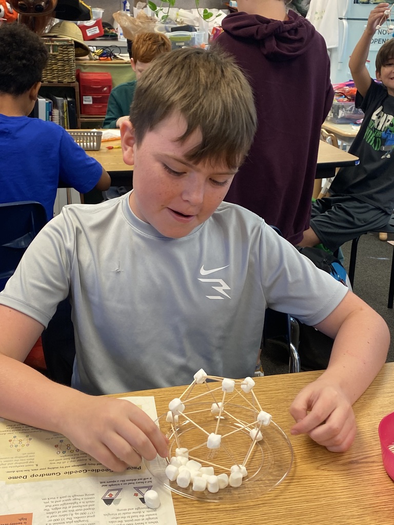 Boy sitting at a table with a plate of marshmallows and toothpicks, building a structure.