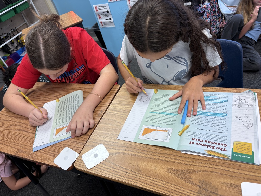 Two girls sit at desks, writing on papers with pencils. One has a red shirt, the other a white shirt.