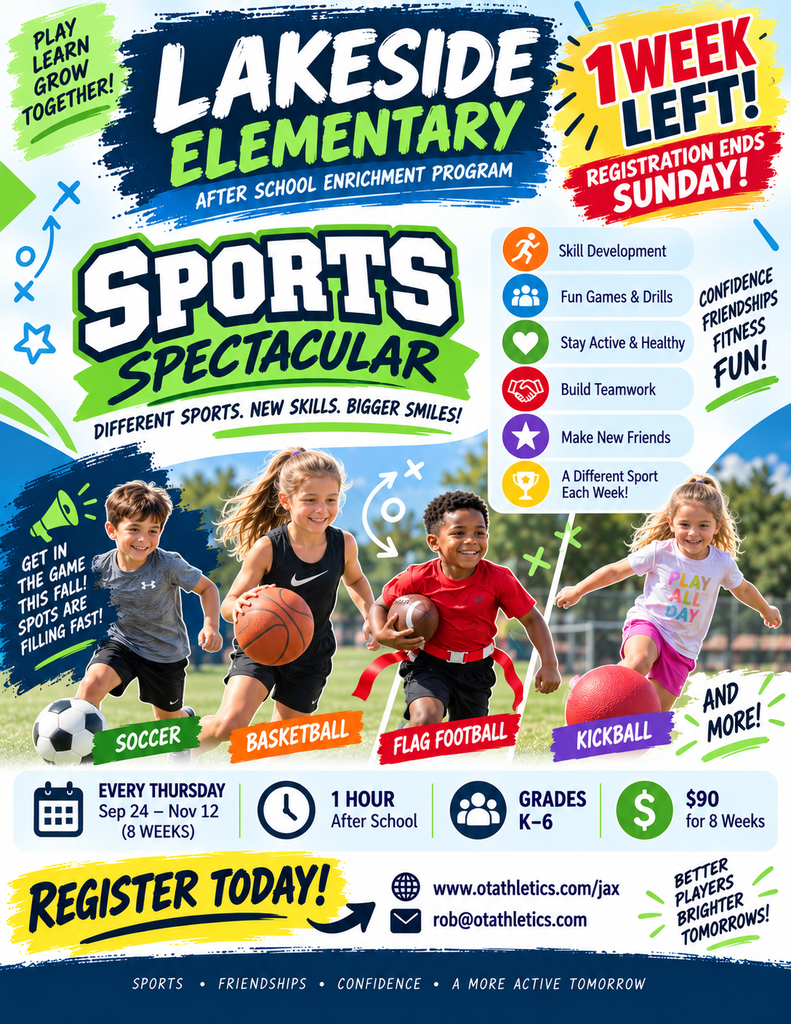 Poster advertising a sports event for kids. The poster shows children playing soccer, basketball, flag football, and kickball.