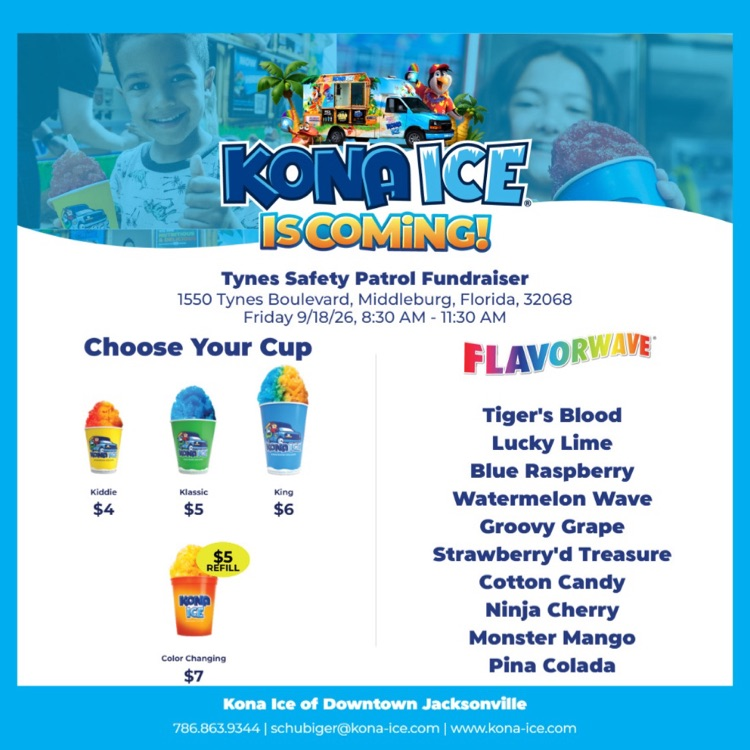 🍧 Kona Ice is coming to Tynes on Friday, September 18! Don’t forget to send cash with your student so they can enjoy a sweet treat while supporting our Safety Patrols and their end-of-year field trip! 🐯💙 *CASH ONLY*