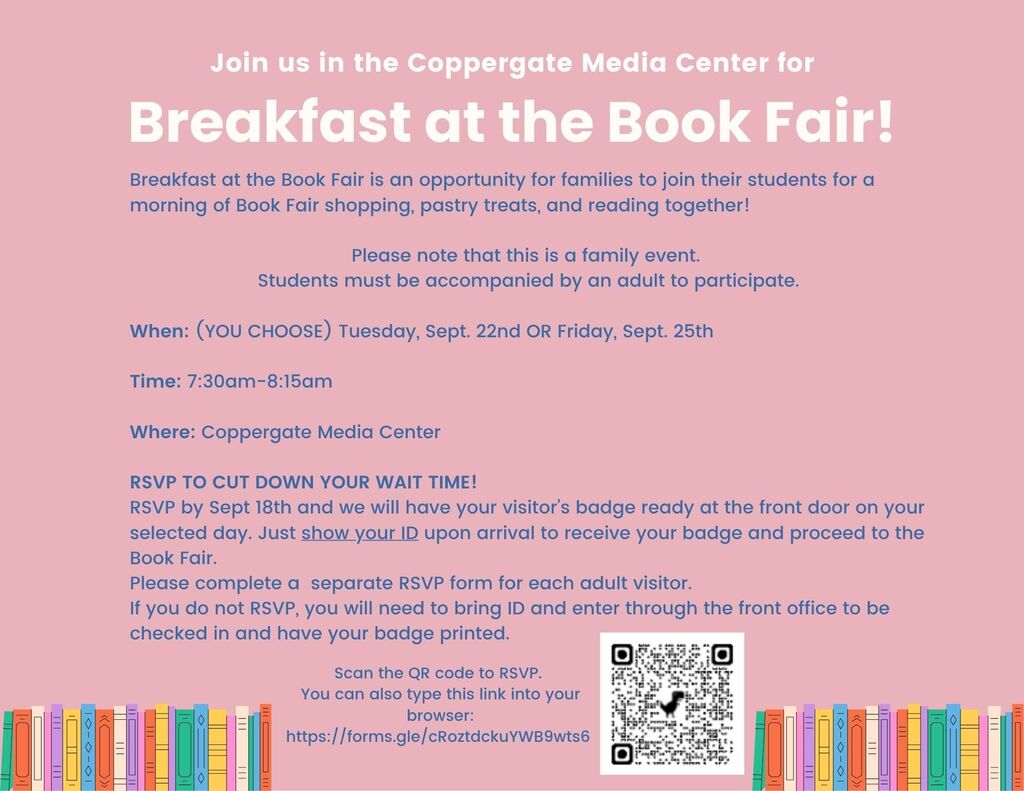 Poster invites attendees to "Breakfast at the Book Fair!" with details on date, time, and RSVP process. Features QR code.