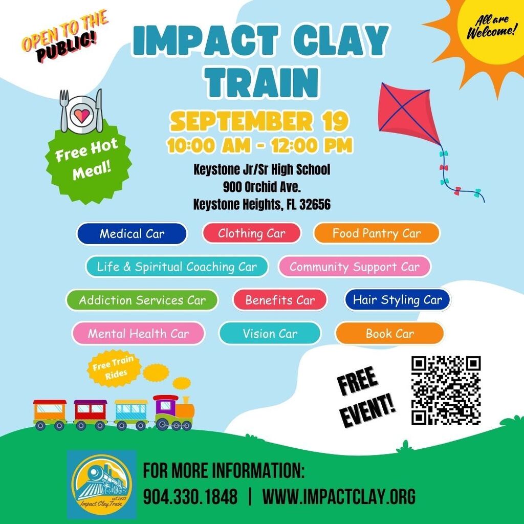 Event flyer for Impact Clay Train. Green and white background. Date, time, and location. Services offered. QR code.